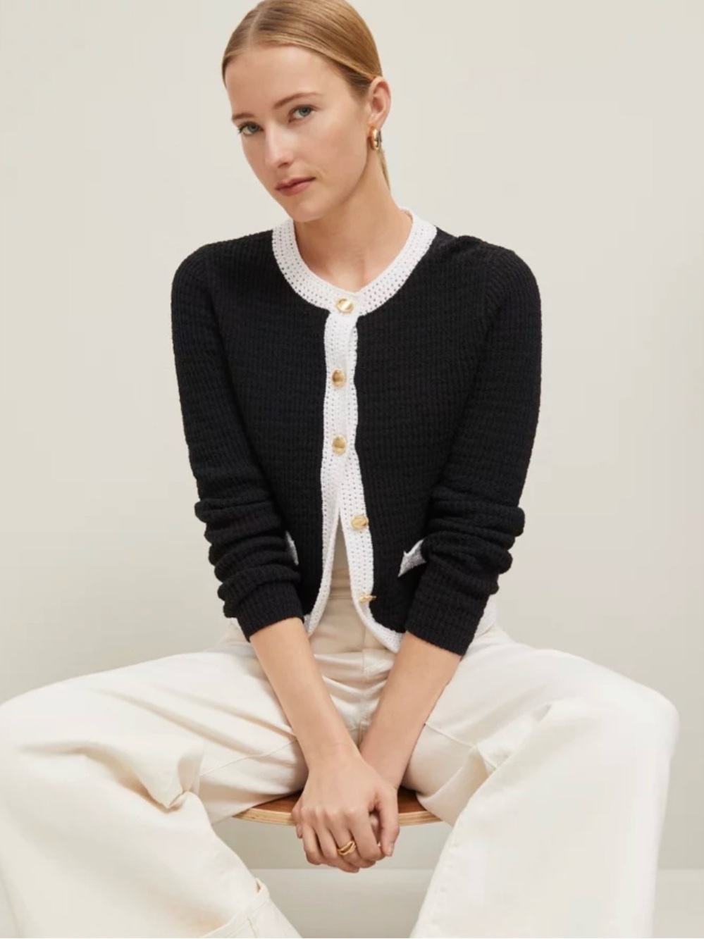 Ann Taylor Colorblock Sweater Jacket NWT| Black Cream Trim|Gold Buttons | Size L - Picture 2 of 5